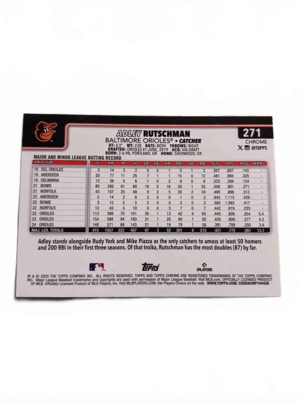 Adley Rutschman Baltimore Orioles Baseball Card 2023 Topps
